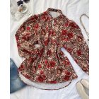 Colorblock Leopard Print Stand Collar Casual Blouse Lantern Sleeve Loose Fit Top