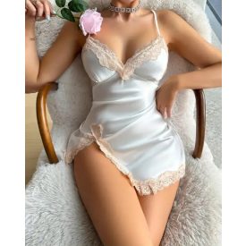   Colorblock Contrast Lace V-Neck Spaghetti Strap Satin Sleep Dress Sexy Slim Fit Slit Babydoll