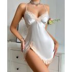 Colorblock Contrast Lace V-Neck Spaghetti Strap Satin Sleep Dress Sexy Slim Fit Slit Babydoll