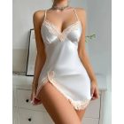 Colorblock Contrast Lace V-Neck Spaghetti Strap Satin Sleep Dress Sexy Slim Fit Slit Babydoll