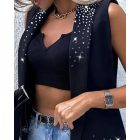 Rhinestone Decor Shawl Collar Long Sleeve Blazer Coat