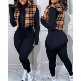 Plaid Print Zip Up Gilet Puffer Jacket