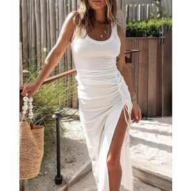   Side Slit Drawstring Ruched Bodycon Casual Sun Maxi Dresses Sleeveless Ribbed Tank Dress