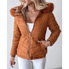 Zipper Pocket Design Shirred Fuzzy Trim Fleece Lined Hooded Puffer Jacket