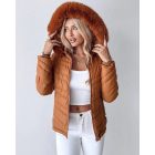 Zipper Pocket Design Shirred Fuzzy Trim Fleece Lined Hooded Puffer Jacket