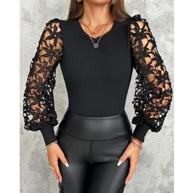   Floral Pattern Hollow-out Top Crewneck Lace Long Sleeve Pullover Blouse