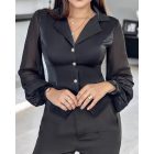 Notched Collar Sheer Mesh Patch Buttoned Blouse Top