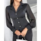 Notched Collar Sheer Mesh Patch Buttoned Blouse Top