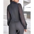 Notched Collar Sheer Mesh Patch Buttoned Blouse Top