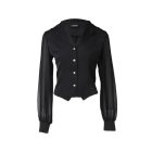 Notched Collar Sheer Mesh Patch Buttoned Blouse Top