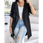 Drawstring Waist Roll Tap Sleeve Classic Trench Coat Lapel Overcoat Outerwear