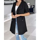 Drawstring Waist Roll Tap Sleeve Classic Trench Coat Lapel Overcoat Outerwear