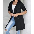 Drawstring Waist Roll Tap Sleeve Classic Trench Coat Lapel Overcoat Outerwear