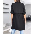 Drawstring Waist Roll Tap Sleeve Classic Trench Coat Lapel Overcoat Outerwear