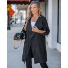 Drawstring Waist Roll Tap Sleeve Classic Trench Coat Lapel Overcoat Outerwear
