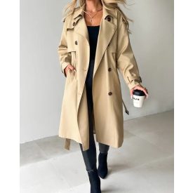 Notched Collar Double Breasted Longline Trench Coat