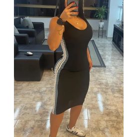   Colorblock Striped Print U-Neck Sleeveless Bodycon Dress Casual Slim Fit Midi Dress