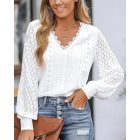 Lace V Neck Lantern Sleeve Eyelet Scalloped Blouse Casual Loose Fit Top
