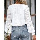 Lace V Neck Lantern Sleeve Eyelet Scalloped Blouse Casual Loose Fit Top