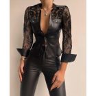 Contrast Lace Turn-down Collar PU Leather Button Down Shirt Sexy Slim Fit Long Sleeve Top