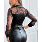 Contrast Lace Turn-down Collar PU Leather Button Down Shirt Sexy Slim Fit Long Sleeve Top