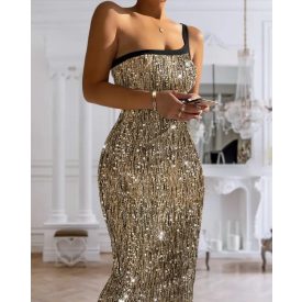   Glitter Lurex One Shoulder Spaghetti Strap Slim Fit Bodycon Allover Sequin Midi Evening Dress