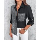 Roll Tab Sleeve Button Down Contrast Sequin Shirt