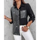 Roll Tab Sleeve Button Down Contrast Sequin Shirt