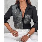 Roll Tab Sleeve Button Down Contrast Sequin Shirt
