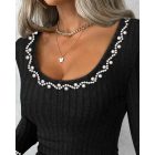 Beaded Scoop Neck Long Sleeve Ribbed Top
