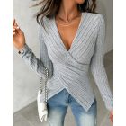 Wrap V Neck Long Sleeve Slim Fit Going Out Top Ribbed Asymmetrical Hem Fall Blouse