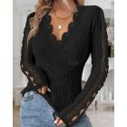 V-Neck Lace Patch Long Sleeve Top Criss Cross Hollow-out Shirt