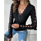 V-Neck Lace Patch Long Sleeve Top Criss Cross Hollow-out Shirt