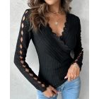 V-Neck Lace Patch Long Sleeve Top Criss Cross Hollow-out Shirt