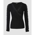 V-Neck Lace Patch Long Sleeve Top Criss Cross Hollow-out Shirt