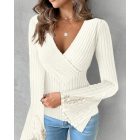 Bell Sleeve Fashion V Neck Lace Patchwork Blouse Casual Slim Fit Ribbed Tops