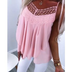 Floral Pattern Lace Patch Ruched Scallop Trim Cami Top
