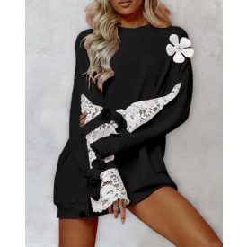 Colorblock Floral Decor Lace Patch Sweatshirt Dress