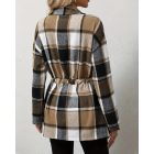 Plaid Pattern Flap Detail Drawstring Waist Button Front Coat