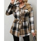 Plaid Pattern Flap Detail Drawstring Waist Button Front Coat