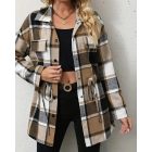 Plaid Pattern Flap Detail Drawstring Waist Button Front Coat