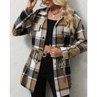 Plaid Pattern Flap Detail Drawstring Waist Button Front Coat