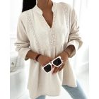 Notch Neck Long Sleeve Shirt Contrast Lace Loose Fit Casual Blouse