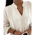 Notch Neck Long Sleeve Shirt Contrast Lace Loose Fit Casual Blouse