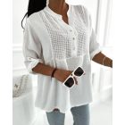 Roll Up Sleeve Hollow Out Shirt Button Front Casual Blouse Top