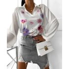 Floral Print Polo Collar Long Sleeve Blouse Casual Pullover Shirt Top