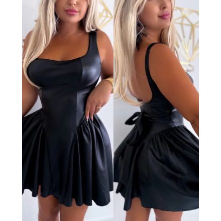 PU Leather U Neck Spaghetti Strap Ruched Mini Dress Tied Detail A Line Dress