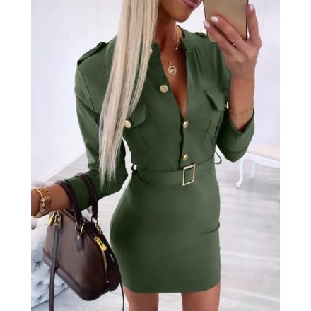 Round Neck Button Front Long Sleeve Bodycon Dress Casual Pocket Design Slim Fit Midi Dress with Belt
