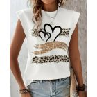 Leopard Print Heart Pattern Cap Sleeve T Shirt Casual Loose Fit Tank Top