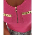 Round Neck Short Sleeve Zipper Front T Shirt Casual Pocket Design Slim Fit Ribbed Top